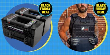 promotional graphic featuring fitness equipment and tactical gear