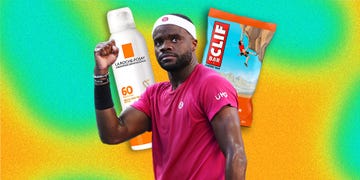person celebrating with sunscreen and energy bar products displayed