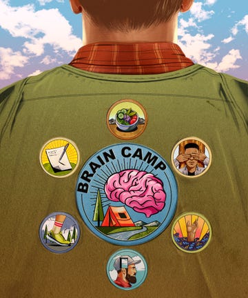 illustration of the back of a scout with badges on his back and the largest saying brain camp