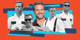 Collage of men in various outfits and styles against a colorful background