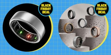 two sets of smart rings showcasing health tracking features and a black friday promotion