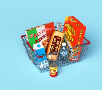 protein food items in a shopping basket in front of a blue background