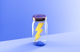 conceptual image of a mason jar with a lightning symbol in it, to illustrate catching lightning in a bottle, a symbol for luck, accomplishment and success