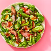 korean steak salad with sugar snaps and radishes on a plate on a pink background