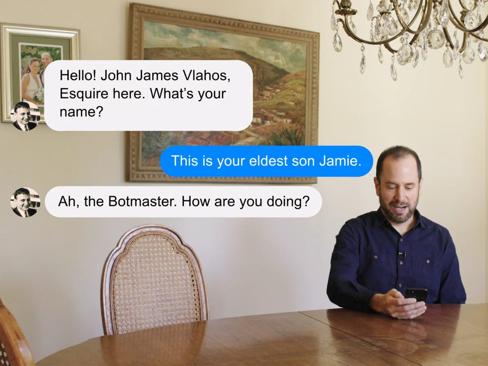 James Vlahos exchanges texts with the Dadbot he created to simulate his late father, in a screen grab from a video produced by Wired magazine. The video, which is available on YouTube, can be seen here: altaonline.com/dadbot