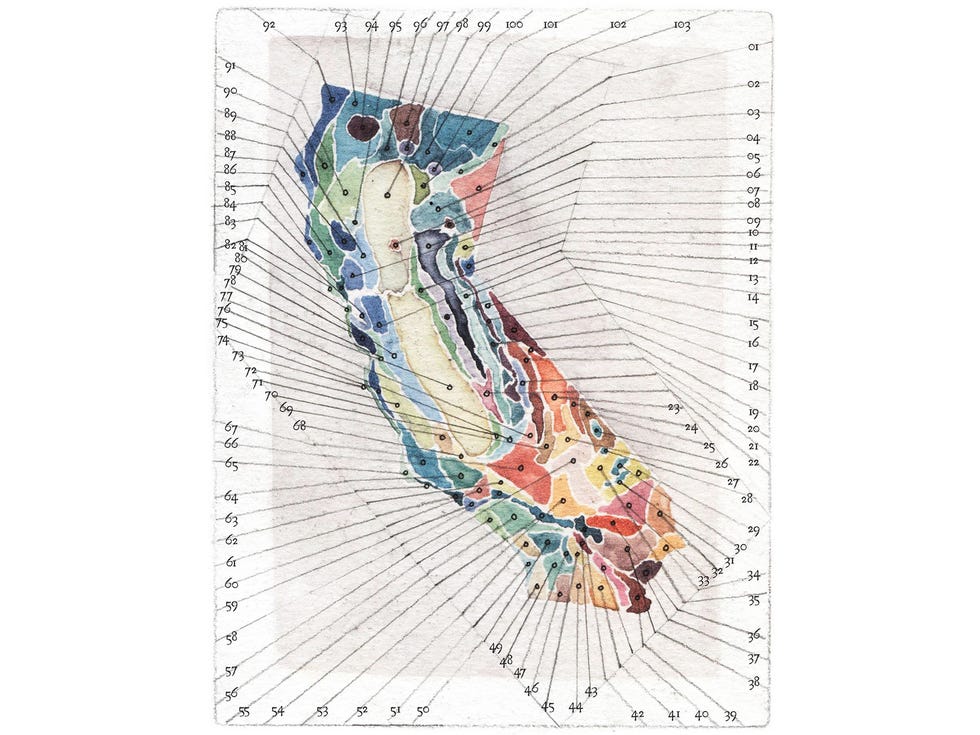 A fanciful map of the state’s ecological zones from Obi Kaufmann’s “The California Field Atlas.”