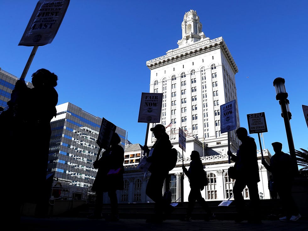 City workers picketed outside of Oakland City Hall during a weeklong strike last December that crippled city services.