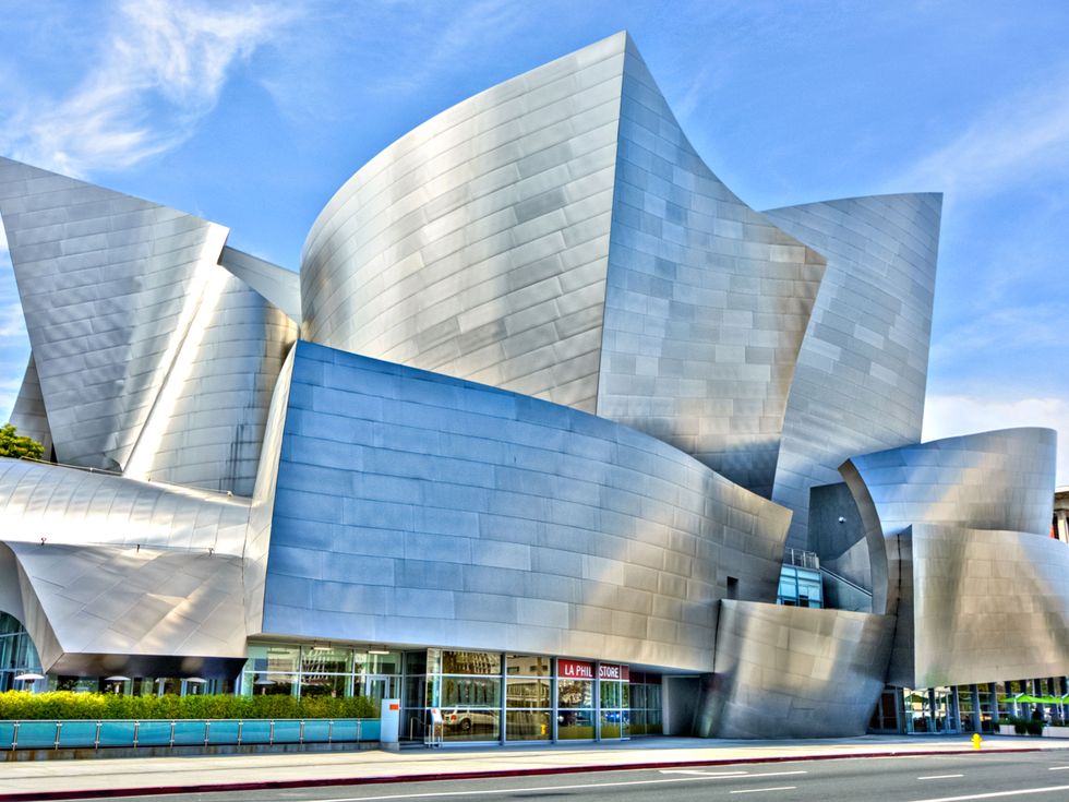 The swooping stainless steel forms of the Walt Disney Concert Hall in downtown Los Angeles.
