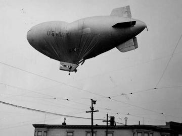 Minus its crew, U.S. Navy blimp L-8 floats over Daly City, Calif., on Aug, 16, 1942, several hours after taking off from Treasure Island on a sub-hunting mission.