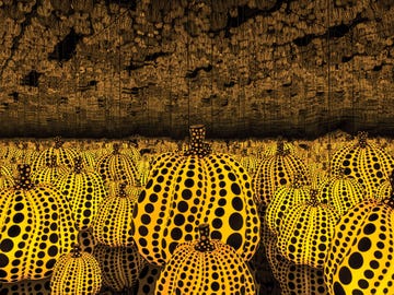 “all the eternal love i have for the pumpkins,” part of the yayoi kusama “infinity mirrors” retrospective at the broad
