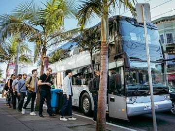Tech company workers line up to board a commuter bus from San Francisco to Silicon Valley. The tech industry’s workforce is overwhelmingly male.