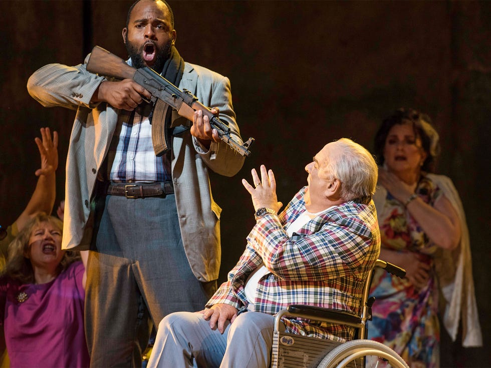American bass-baritone Ryan Speedo Green (as Rambo, a hijacker) and English baritone Alan Opie (as Leon Klinghoffer) perform in Adams’ “The Death of Klinghoffer” at the Metropolitan Opera in New York in 2014.