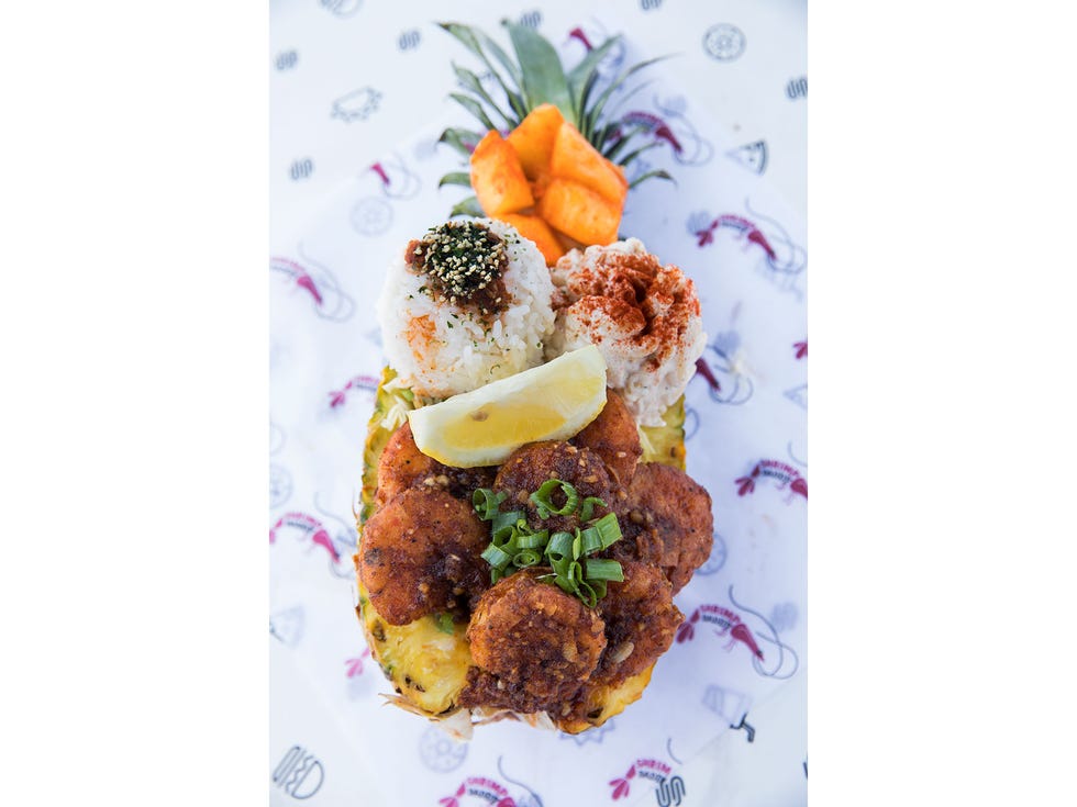 Hawaiian-style garlic butter shrimp on a pineapple from Shrimp Daddy at Smorgasburg.