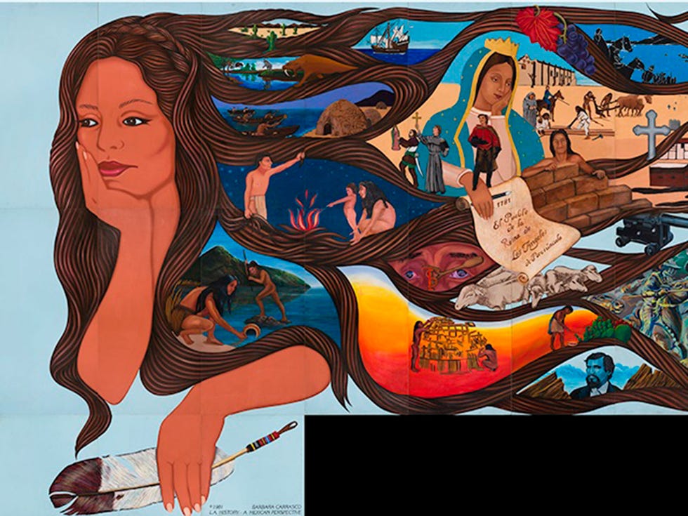 ATA080918murals Img05 Detail from Barbara Carrasco’s "L.A. History: A Mexican Perspective" mural, which contains 51 scenes depicting the history of Los Angeles, with an emphasis on the experiences of marginalized groups. These vignettes range from the city’s original native inhabitants and the railroad’s impact on the city’s growth to the whitewashing of David Alfaro Siqueiros’s mural "America Tropical" and the incarceration of Japanese Americans during World War II. The agency that commissioned the mural objected to Carrasco’s frank telling of history from a Chicana perspective and censored the piece.