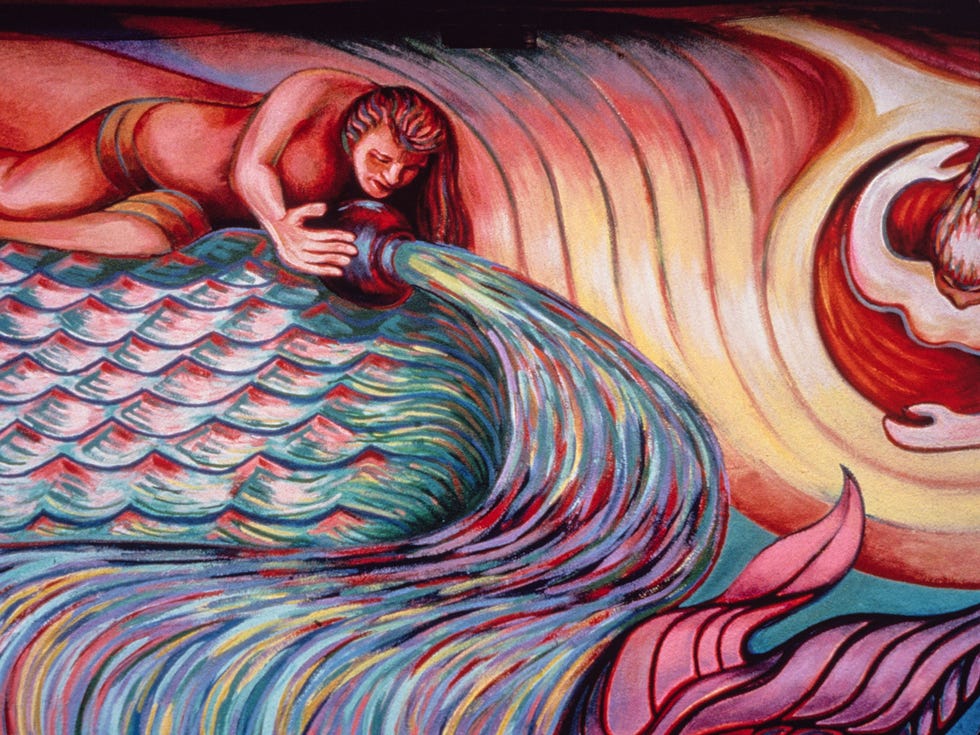 ATA080918murals Img06 Detail from "Resurrection of the Green Planet" by Ernesto de la Loza. The mural's environmental message focused on the importance of protecting three of our world’s basic elements: earth, air, and water. This detail depicts a water deity replenishing the world’s oceans, rivers, and lakes. Despite restorations by the artist, the ongoing corrosion of the mural imperils its future.