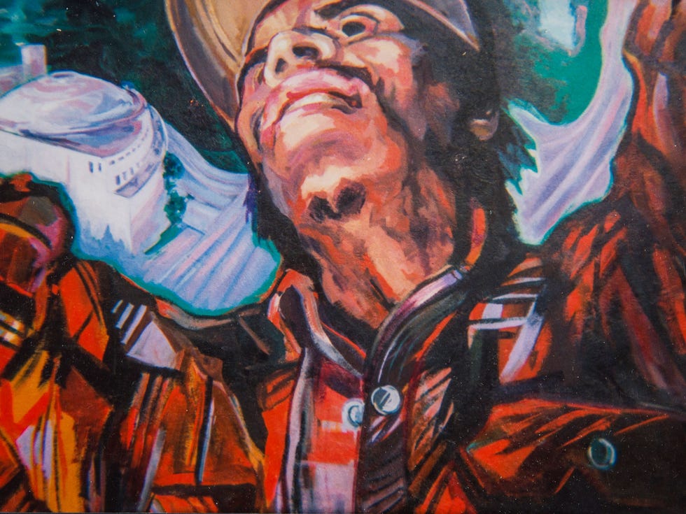 In "El Nuevo Mundo," Ernesto de la Loza sought to show the contributions of immigrants to the city’s economic and cultural life, as these details of a heroic laborer suggest. De la Loza based his figures on actual people who worked or lived in the Echo Park community where the mural was painted. When the building’s owner sold the property to the city to make way for the Edendale branch of the Los Angeles Public Library, the artist received a commission to paint a new mural for the interior of the new library.