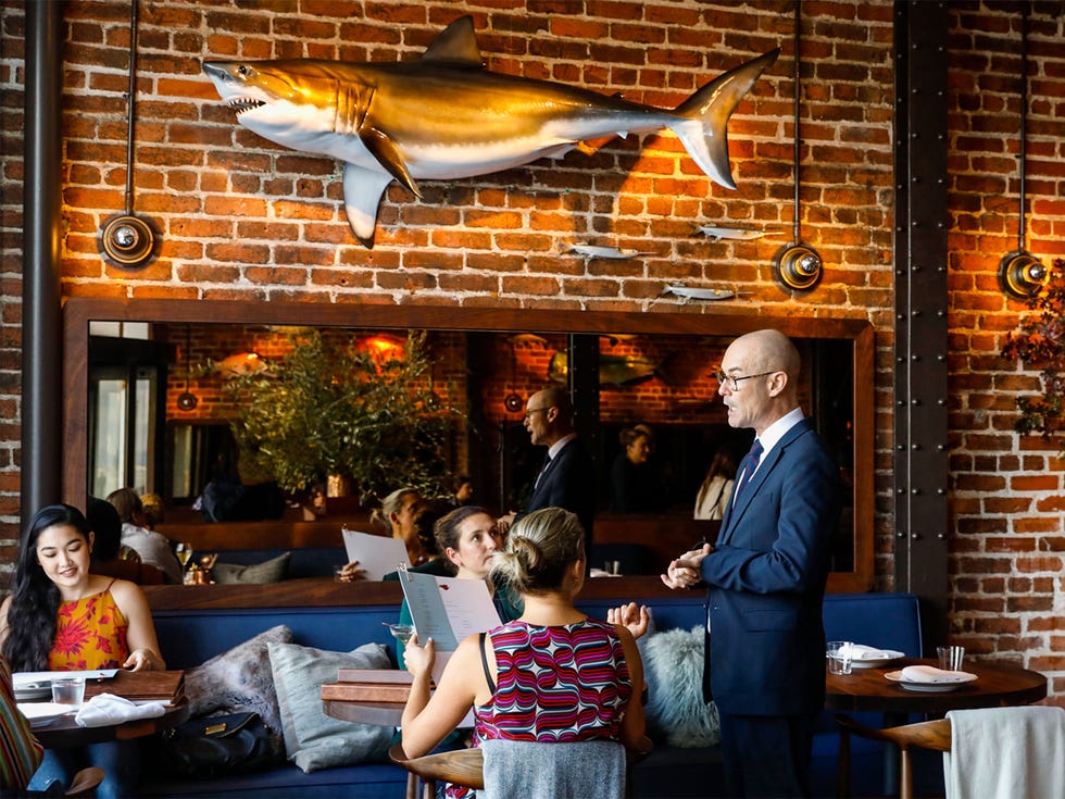 Angler’s decor uses the original brick walls in the restaurant’s interior that overlooks the Bay Bridge. Fish hung on the walls enhance the rustic ambiance.