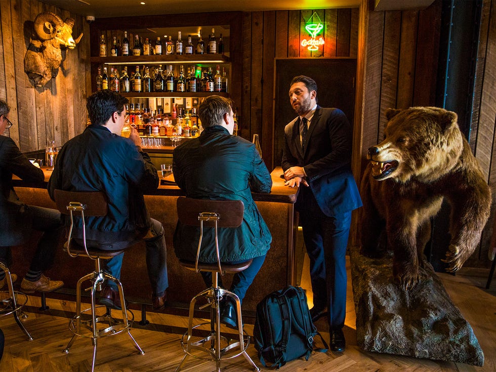 Angler boasts two bars, one in the main dining area and the other in an adjoining space, where animal heads on the walls make it look like a hunter’s trophy room.