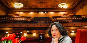 Sydney Goldstein on stage at her beloved Nourse Theater, which she transformed from a nearly derelict auditorium to the home of City Arts & Lectures in 2013.