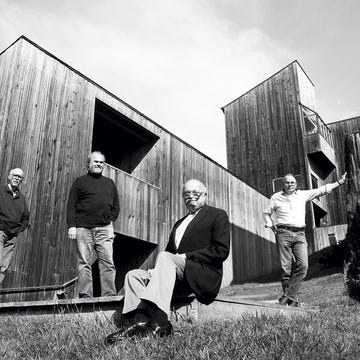 ATA010819searanch Img01 Pictured in the courtyard of Condominium One in 1991 are MLTW architects who designed the early phase of The Sea Ranch (left to right), Richard Whitaker, Donlyn Lyndon, Charles Moore, and William Turnbull. Moore made Condominium One his home.