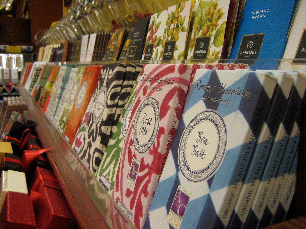 In addition to a wide variety of magazines, Fog City News is known for its large selection of chocolate bars.