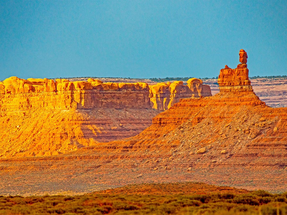 A sandstone tower in the Valley of the Gods, with Cedar Mesa in the background. President Trump’s executive order removed both areas from the Bears Ears National Monument.