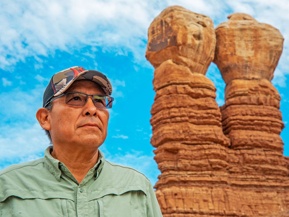 Navajo leader Mark Maryboy at Twin Rocks, a natural formation in Bluff, Utah.