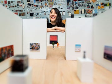 San Francisco Museum of Modern Art exhibitions design manager Sarah Choi surveys a model of one of the museum’s galleries.