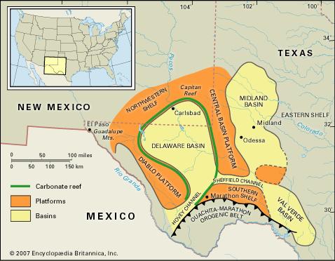 A map of the basins, reefs, and platforms that make up the Permian Basin in Texas.