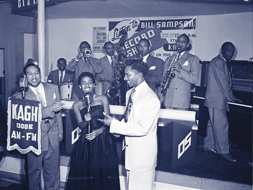 Jack’s attracted greats like Buddy Collette, Duke Ellington, and Dexter Gordon. Radio host Bill Sampson (standing at left microphone) and his band often played at Jack’s for KAGH.