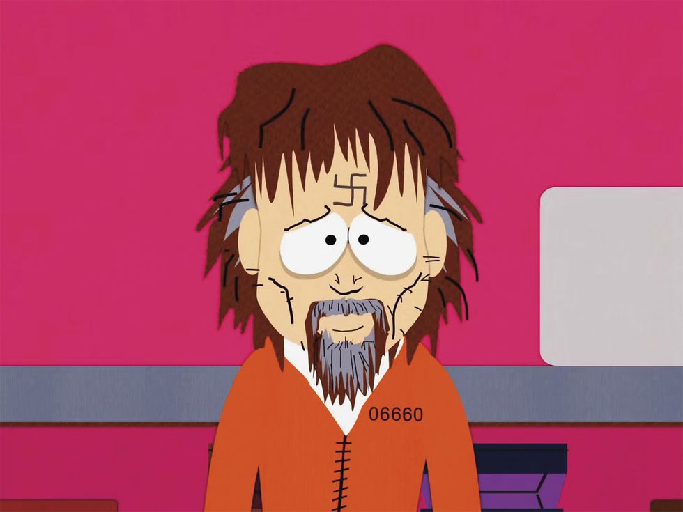 A still from a 1998 episode of the cartoon [em]South Park[/em], in which an animated Charles Manson breaks out of jail and learns the error of his ways.