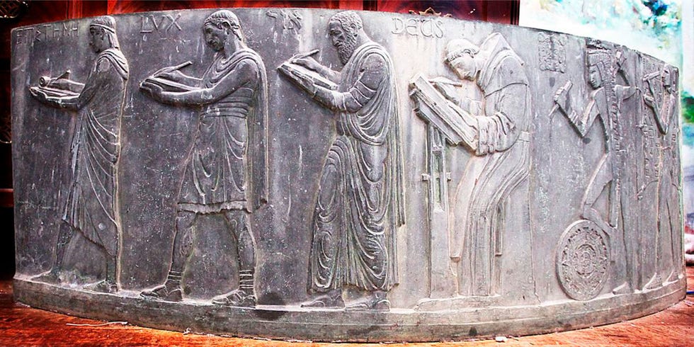 A recently recoved piece of the bronze Well of Scribes. The well has been missing since 1969 when the city of Los Angeles demolished part of the Central Library.