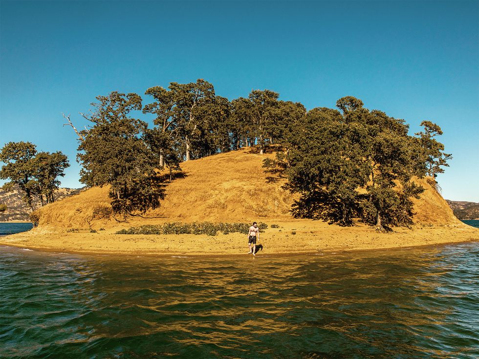 An island like this was once a hilltop that looked over the Berryessa Valley below. Today the lake is a popular recreation spot.