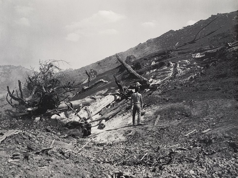 Burning Pile of Trees and Barren Hill by Dorothea Lange captures the demolition of Berryessa Valley, 1956.