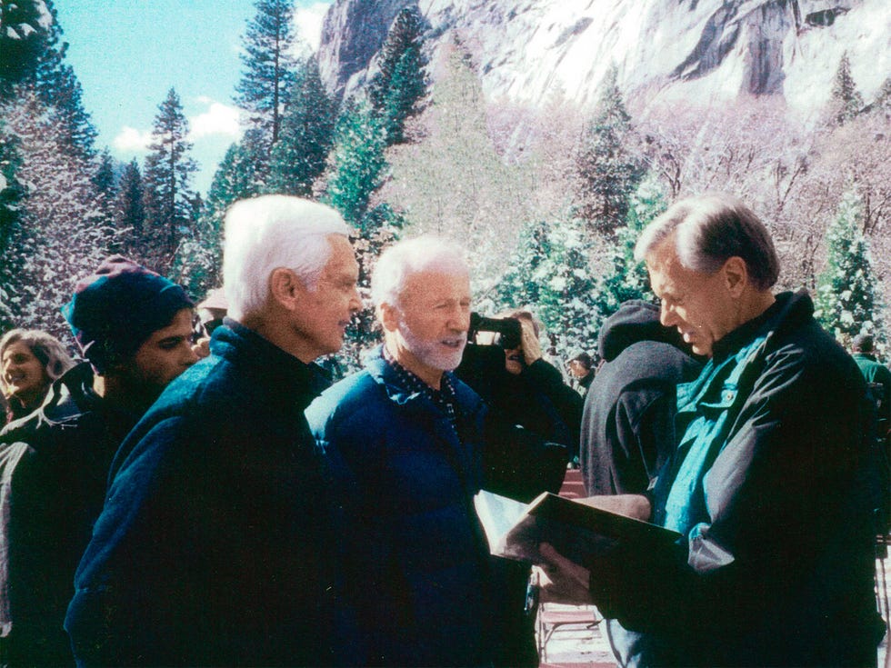 Climber Tom Frost (left) and attorney Richard Duane (center) with Secretary of the Interior Bruce Babbitt at a ceremony placing Camp 4 on the National Register of Historic Places on February 21, 2003.