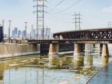 The Los Angeles River runs through an industrial area in Vernon, just south of downtown L.A.