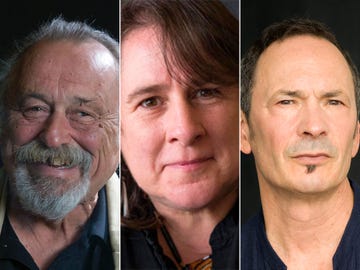 Jim Harrison (left), Kim Shuck, and Forrest Gander.