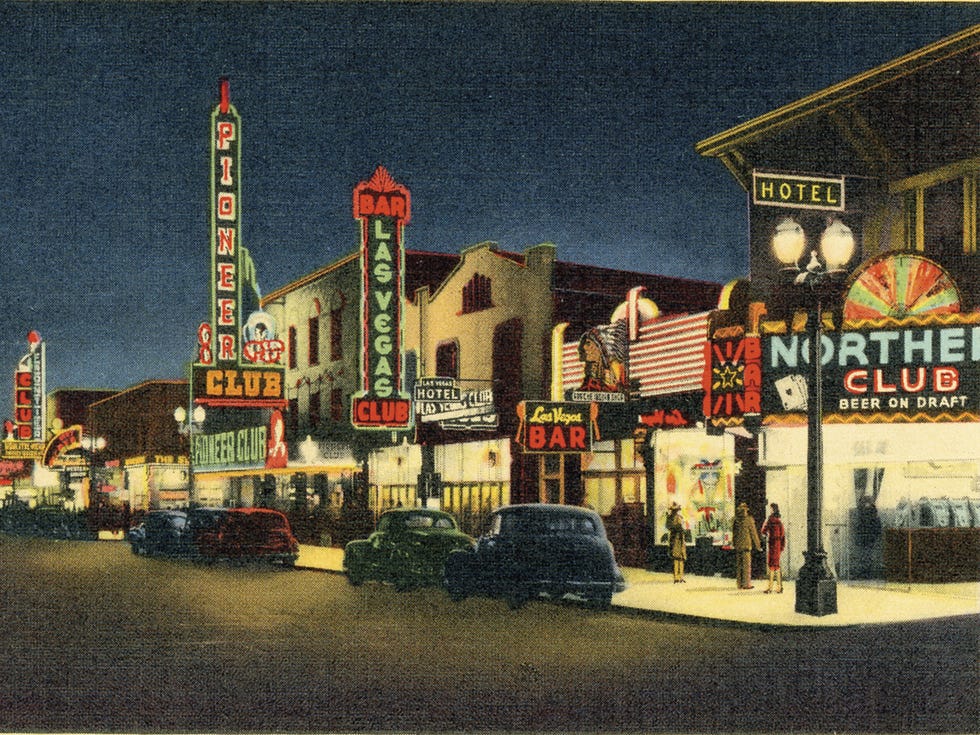 A 1943 scene showing Fremont Street in Las Vegas, from Greetings from Las Vegas.