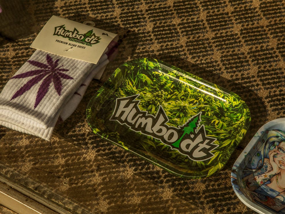 Cannabis-themed products reinforce the area’s ties to the crop. Items for sale at Humboldt Outfitters, a store next to Arcata Plaza, include socks and trays.
