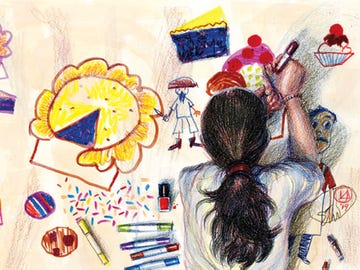 a young girl distracts herself by drawing on butcher paper from her father's work