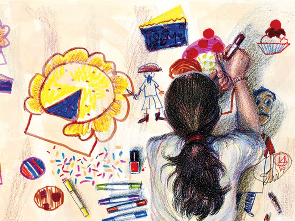 a young girl distracts herself by drawing on butcher paper from her father's work