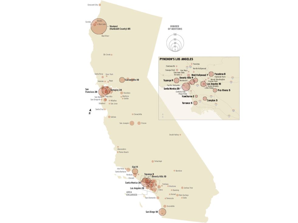 This map plots all mentions of Californian places in Pynchon’s work and shows how wide-ranging his love of the state is. (Note: Vineland, a made-up stand-in for Humboldt County, belongs to no real cartography but Pynchon’s own.)