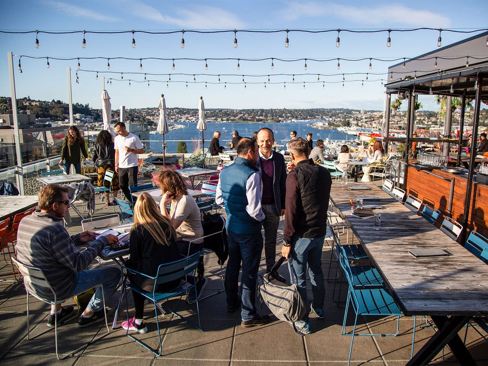 The outdoor deck offers a sweeping view of Lake Union.