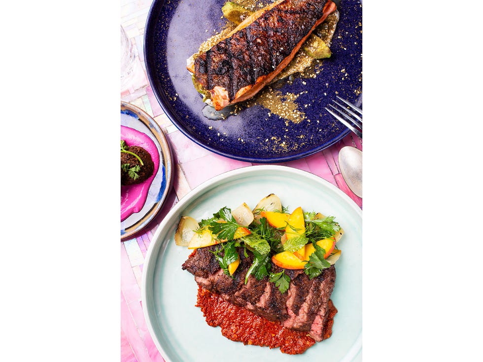 Bavette steak with muhamarra and grilled trout with Middle Eastern spices.