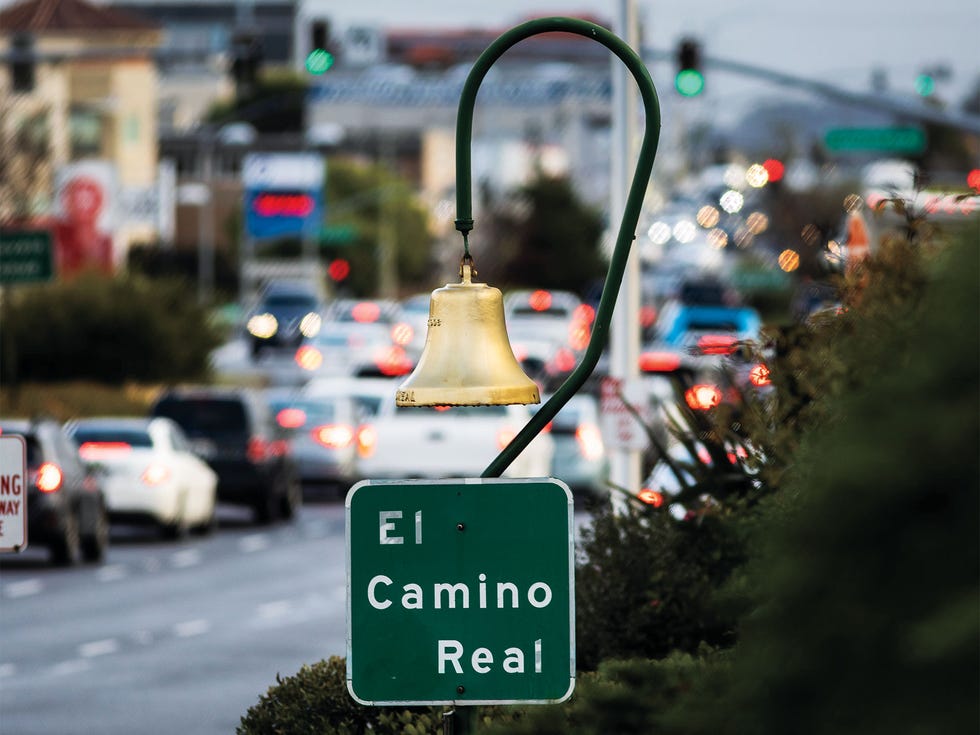 For many drivers, a common place to see the bells is along California highway 101 or 82, or El Camino Real; this gold-painted bell sits in front of San Bruno City Hall.