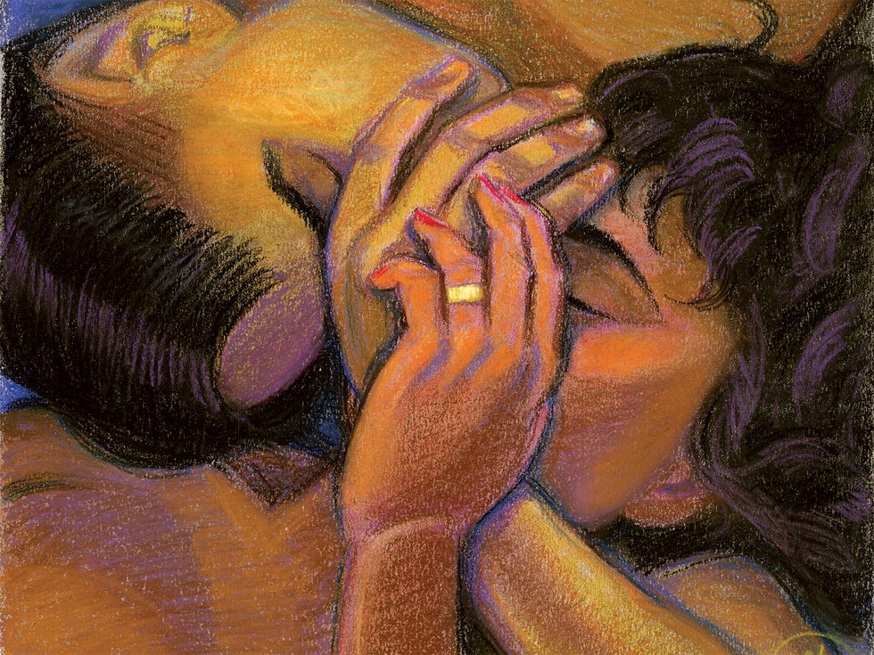 a couple are seen locked in a steamy embrace only one of them is wearing a wedding ring