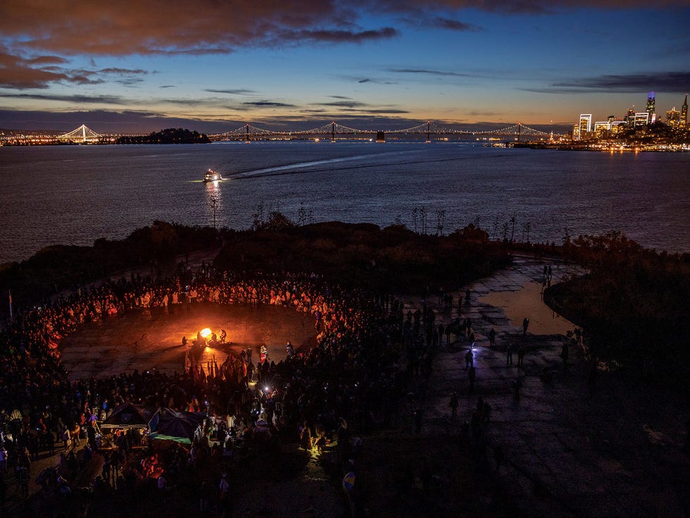 More than 1,000 people gathered at Alcatraz in the early morning of November 28, 2019, for an Unthanksgiving ceremony. The event commemorated the 50th anniversary of the Native American occupation of the island.