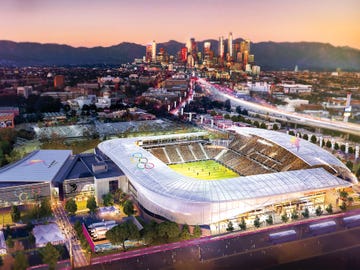 a rendering that shows the banc of california stadium, which is being built in exposition park the arena will be one of multiple locations in the los angeles area that will be repurposed for the 2028 olympic games