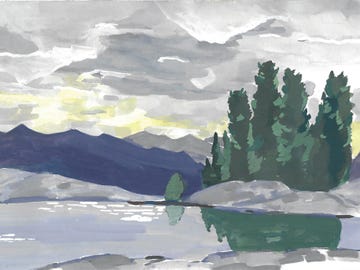 an illustration of a mountaintop lake by emily underwood