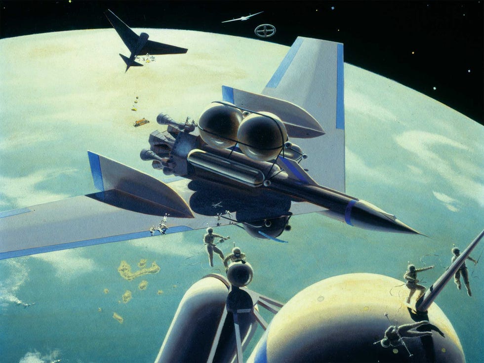 astronauts and spaceships explore the unknown in this chesley bonestell image